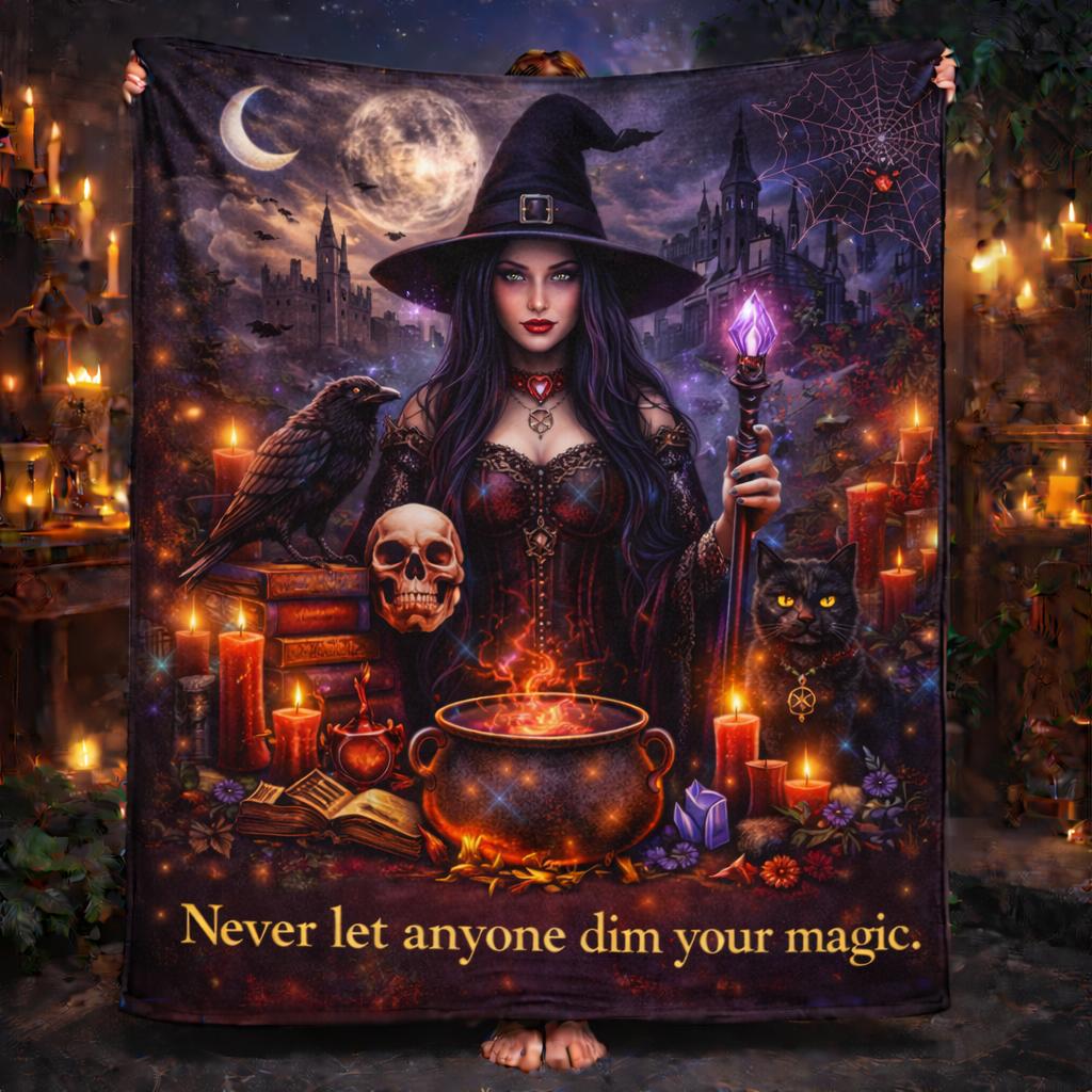 Gothic Witch Blanket With Black Cat. Skull. Raven Halloween Home Decor