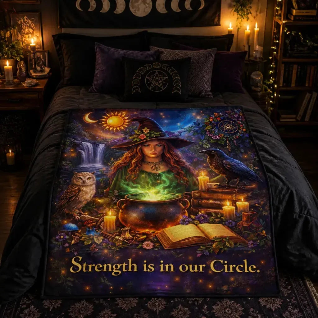 Mystic Witch with Raven. Owl Blanket for Pagan Samhain Halloween Decor