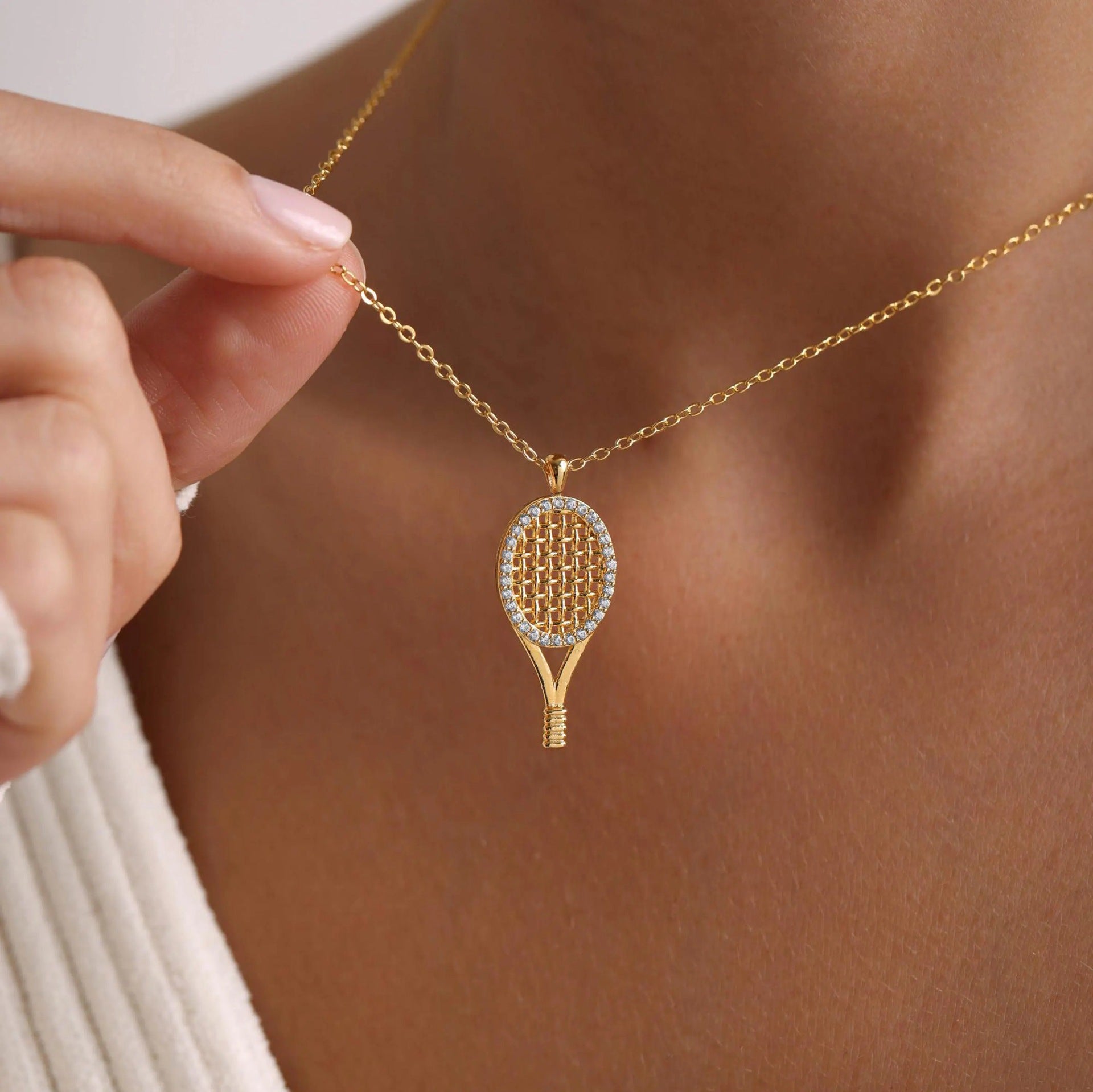 14k Rose Gold Filled 0.3CT Round Cut Simulated Diamond Tennis Racket Pendant & Necklace