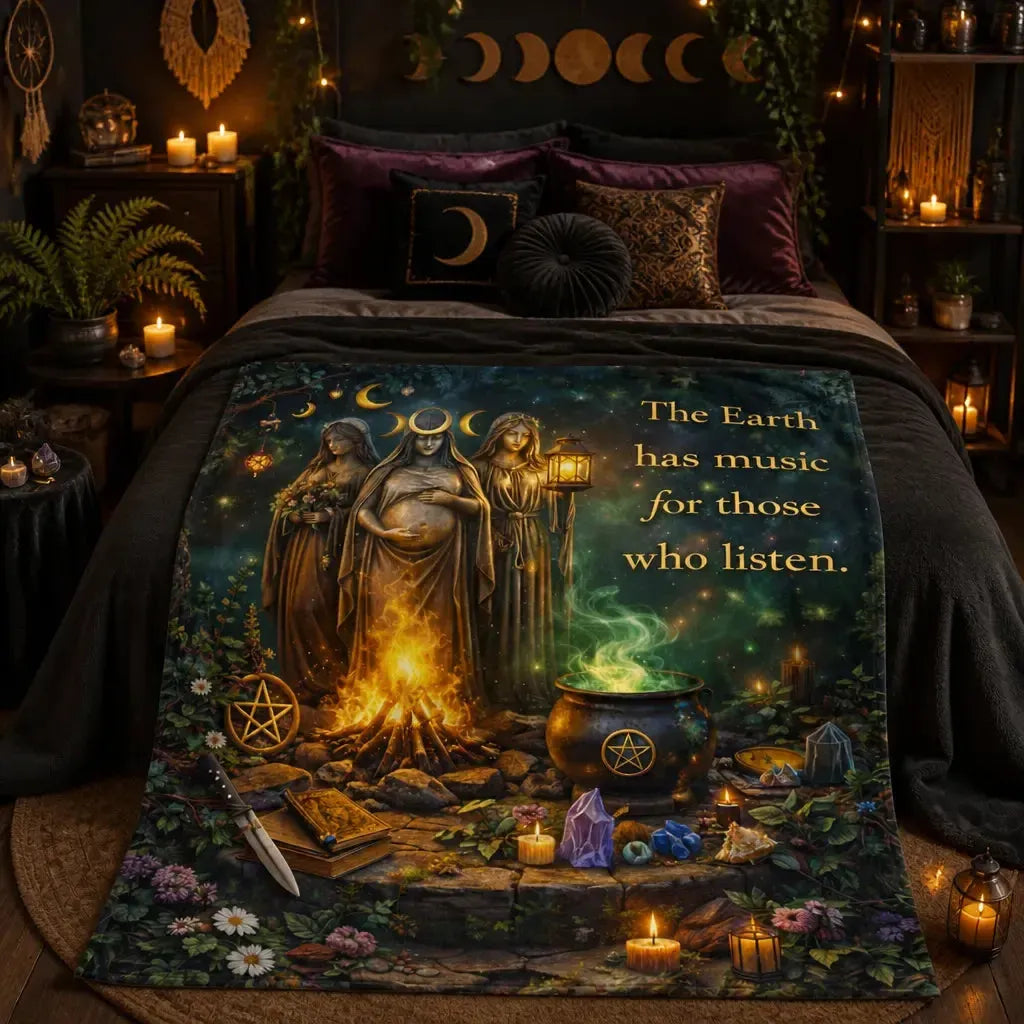 Pagan Triple Goddess Blanket with Mystical Elements for Wiccan