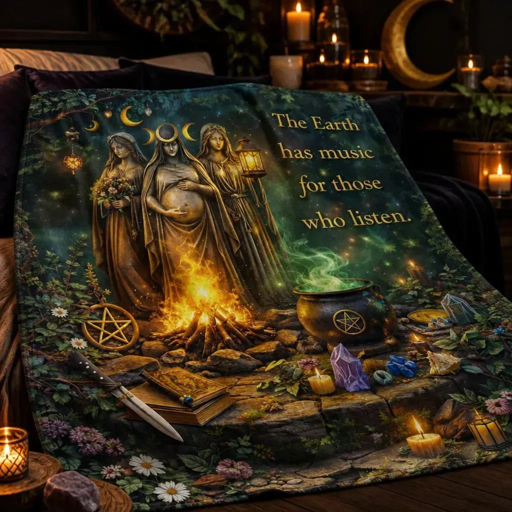 Pagan Triple Goddess Blanket with Mystical Elements for Wiccan