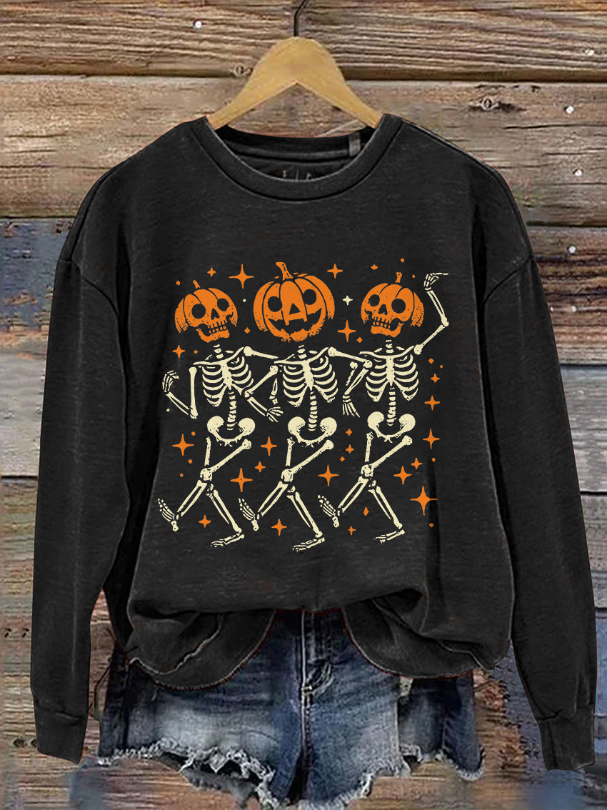 Pumpkin Skeleton Halloween Casual Print Sweatshirt