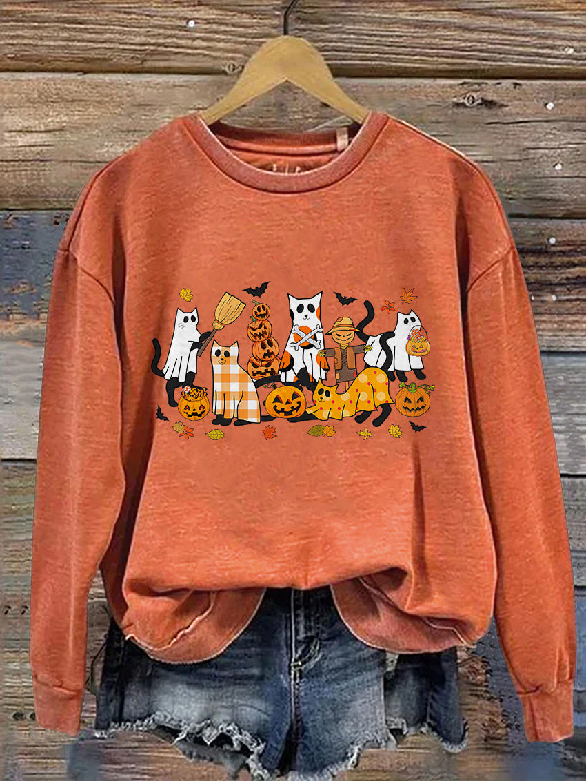Black Cat Halloween Ghost Cat Casual Print Sweatshirt