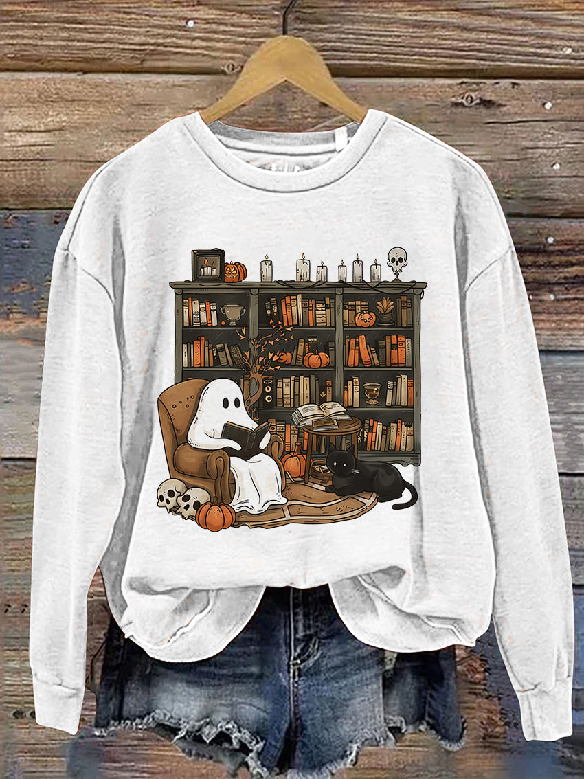 Retro Ghost Reading Books Librarian Ghost Halloween Casual Print Sweatshirt