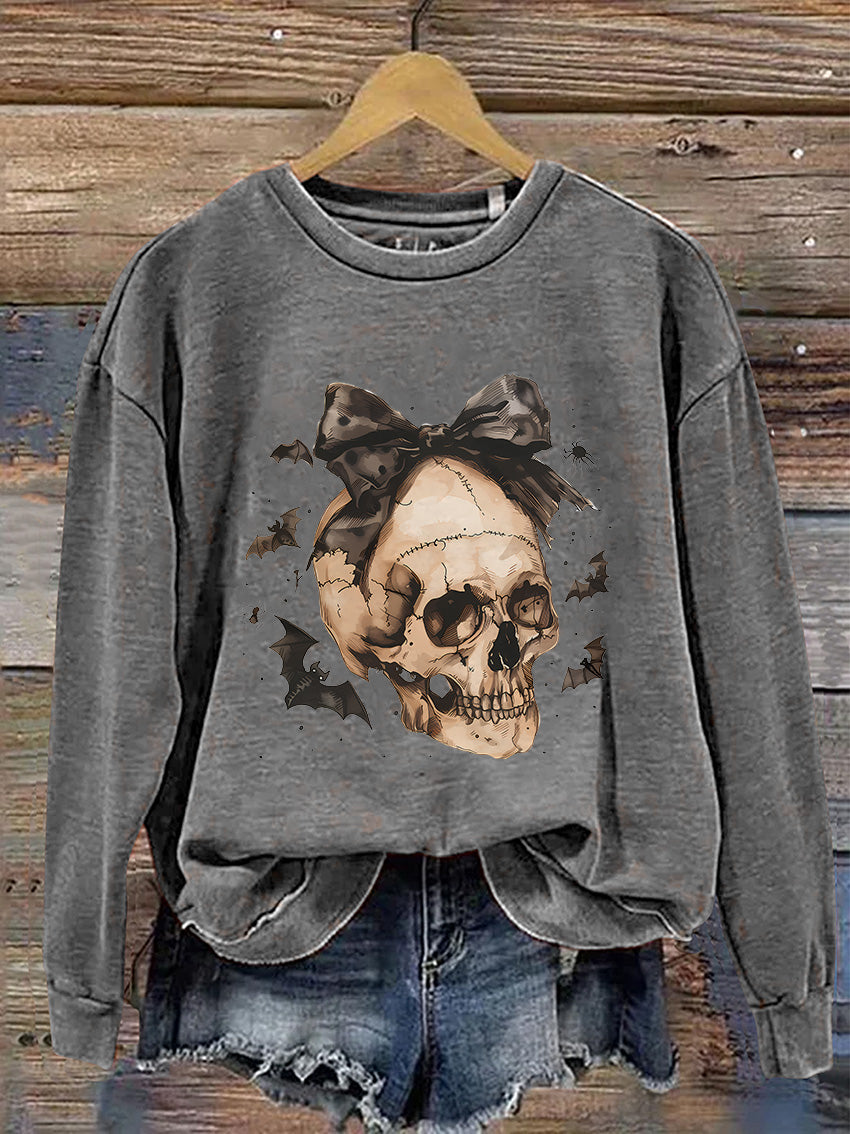 Halloween Skull Bow Casual Print Sweatshirt