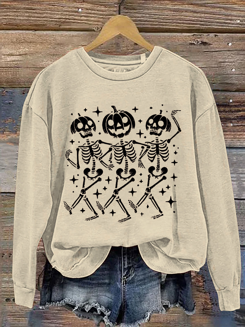 Pumpkin Skeleton Halloween Casual Print Sweatshirt