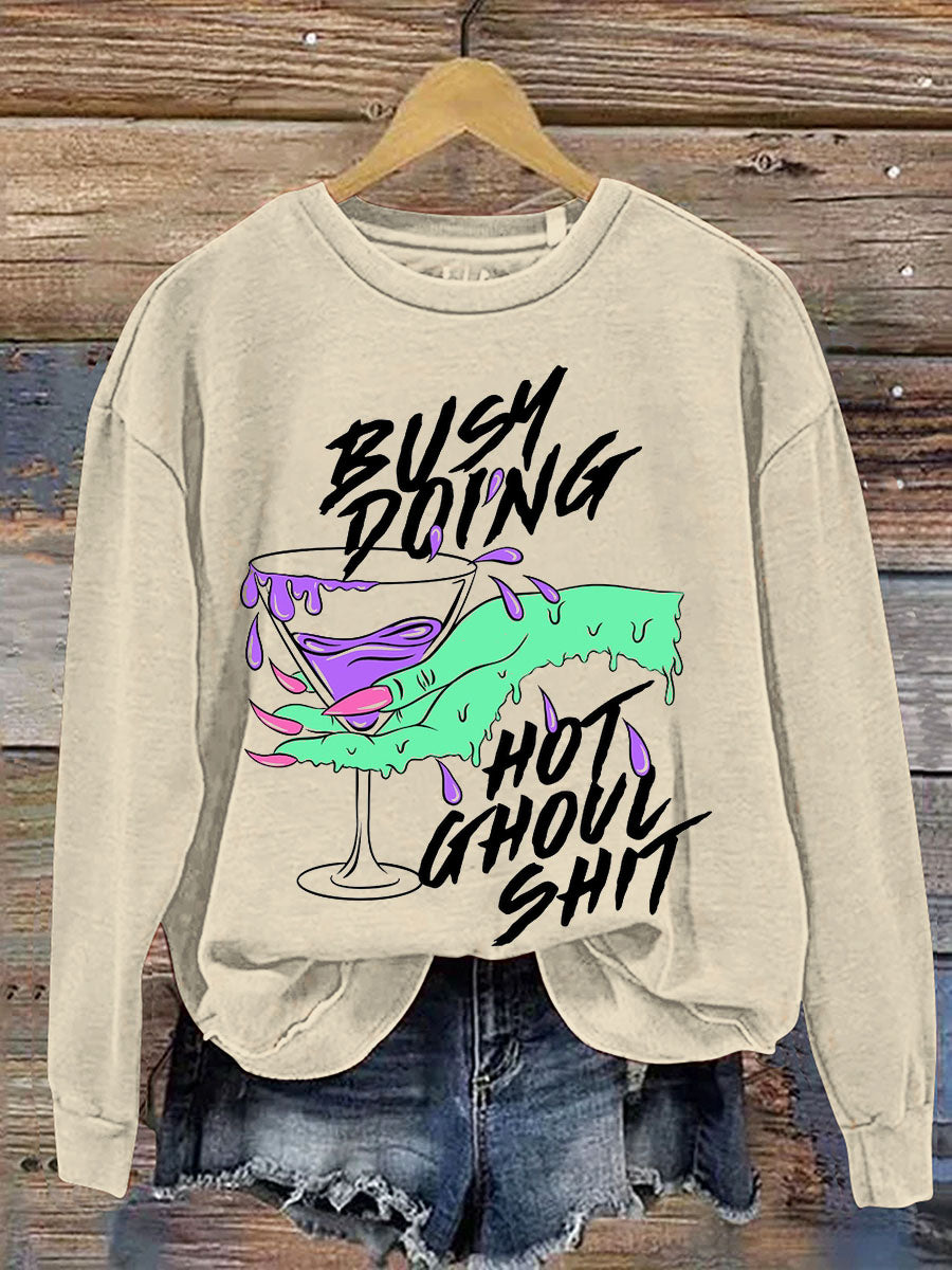 Busy Doing Hot Ghoul Halloween Print Casual  Sweatshirt
