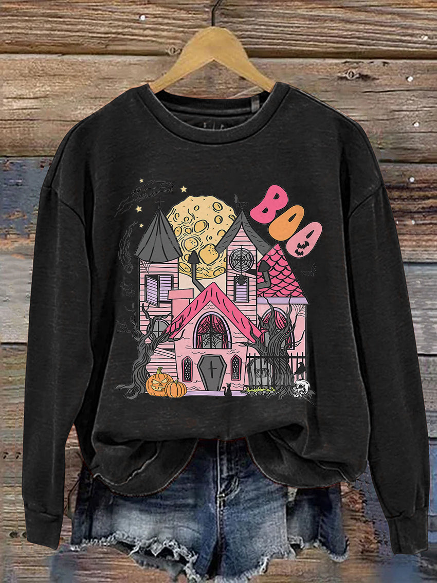 Castle Ghost Boo Halloween Casual Print Sweatshirt