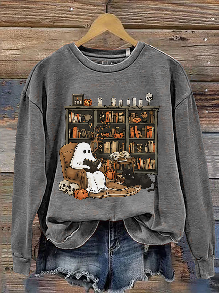 Retro Ghost Reading Books Librarian Ghost Halloween Casual Print Sweatshirt