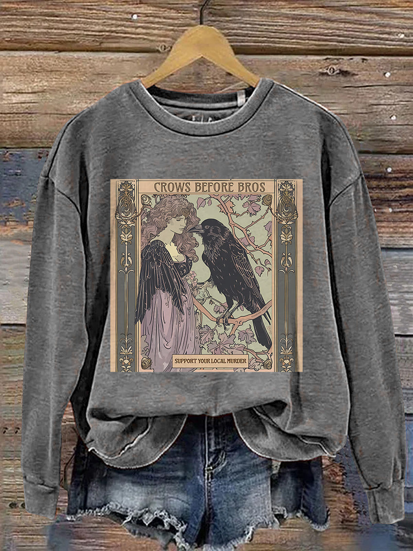 Crows Before Bros Casual Print Sweatshirt