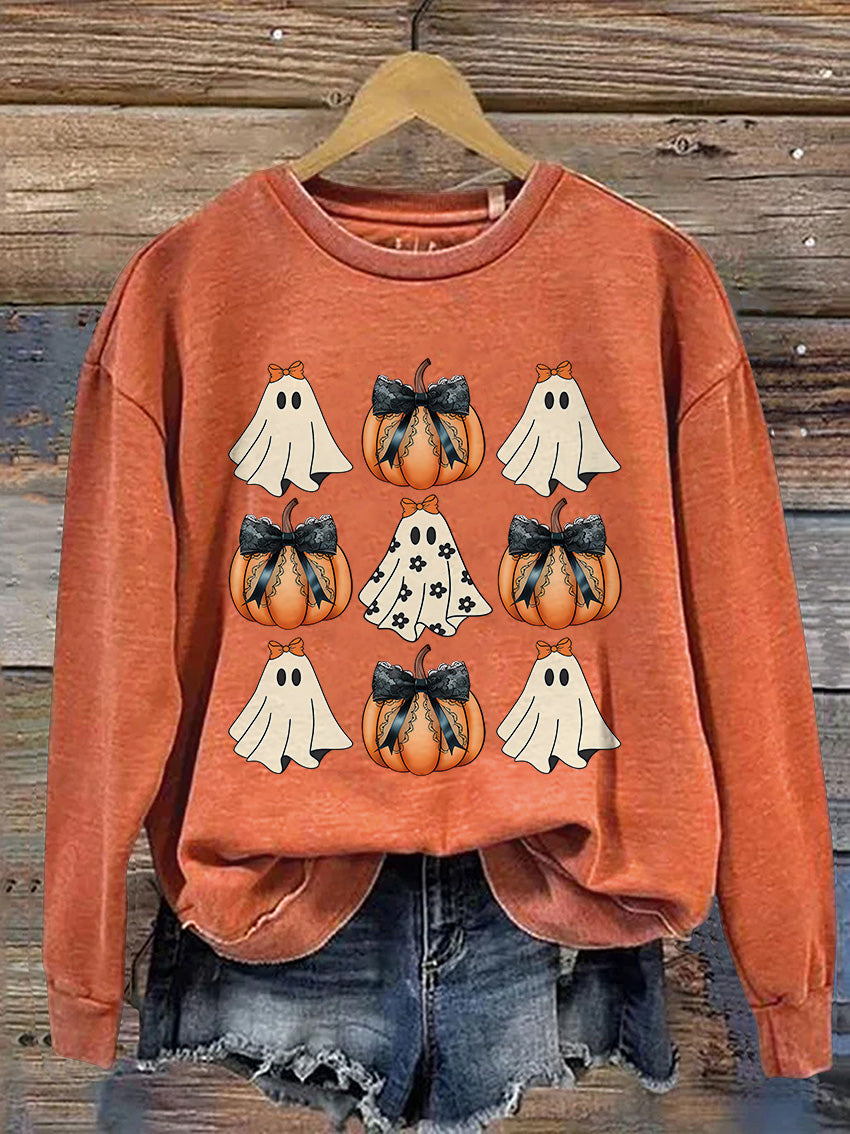 Coquette Halloween Pumpkin Cute Ghost Casual Print Sweatshirt