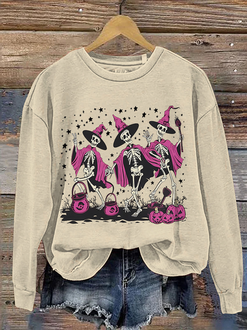 Halloween Dancing Skeleton Spooky Season Casual Print Sweatshirt