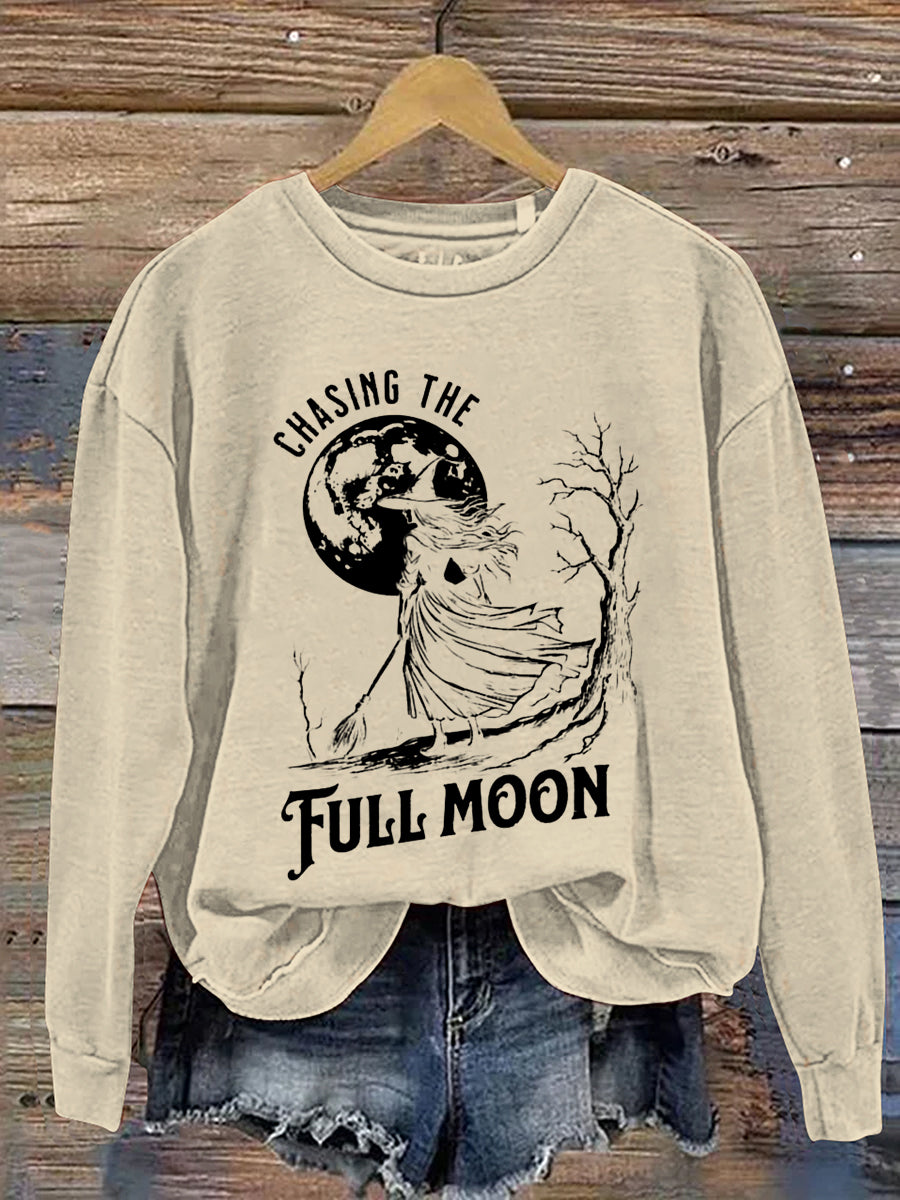 Chasing The Full Moon Witch Halloween Art Print Casual Sweatshirt