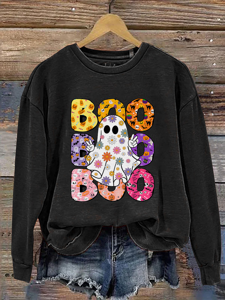 Boo Halloween Ghost Floral Halloween Casual Print Sweatshirt