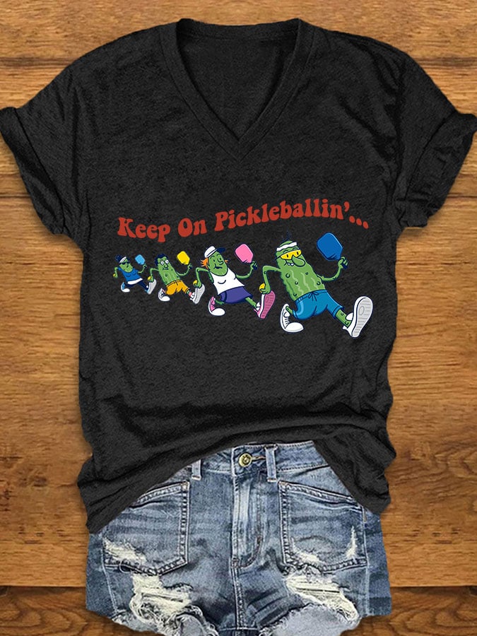 Women's pickleball enthusiasts "keep on pickleballin..." T-shirt