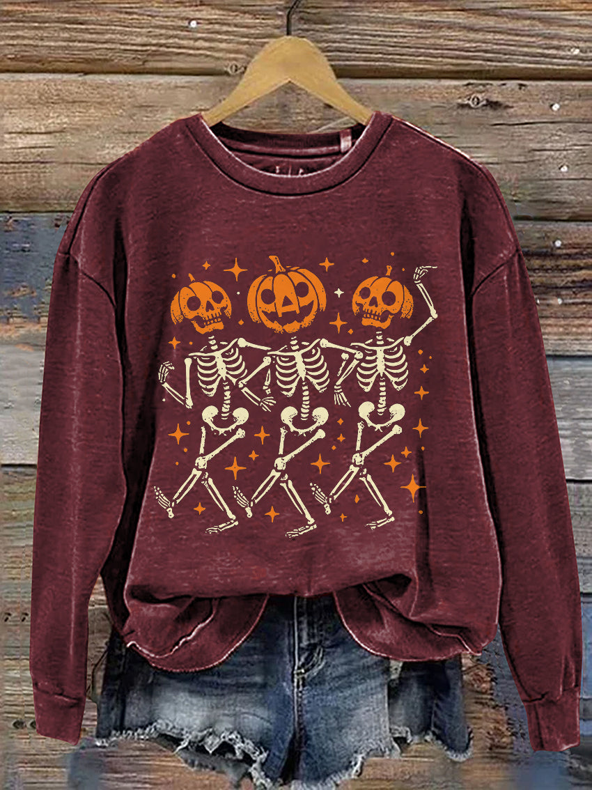 Pumpkin Skeleton Halloween Casual Print Sweatshirt