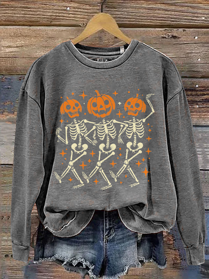 Pumpkin Skeleton Halloween Casual Print Sweatshirt
