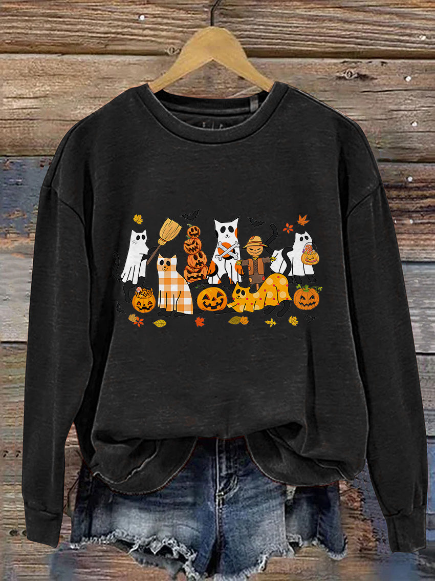 Black Cat Halloween Ghost Cat Casual Print Sweatshirt