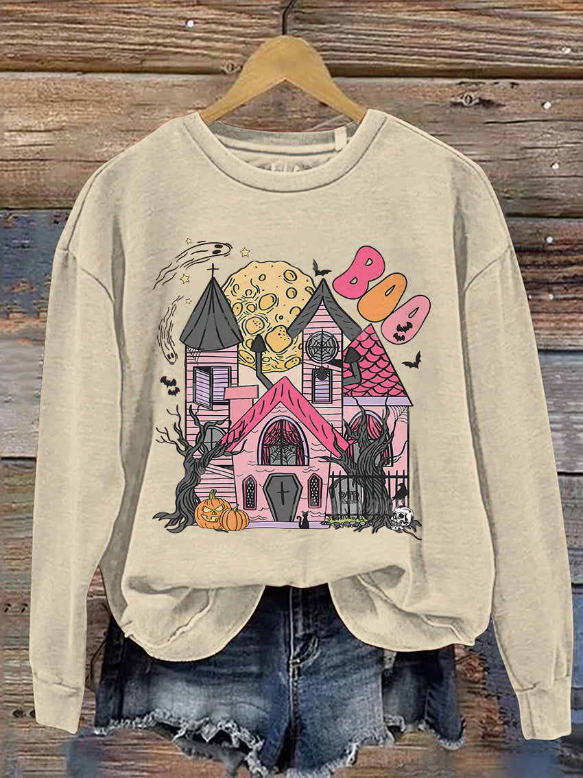 Castle Ghost Boo Halloween Casual Print Sweatshirt