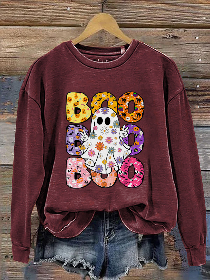 Boo Halloween Ghost Floral Halloween Casual Print Sweatshirt