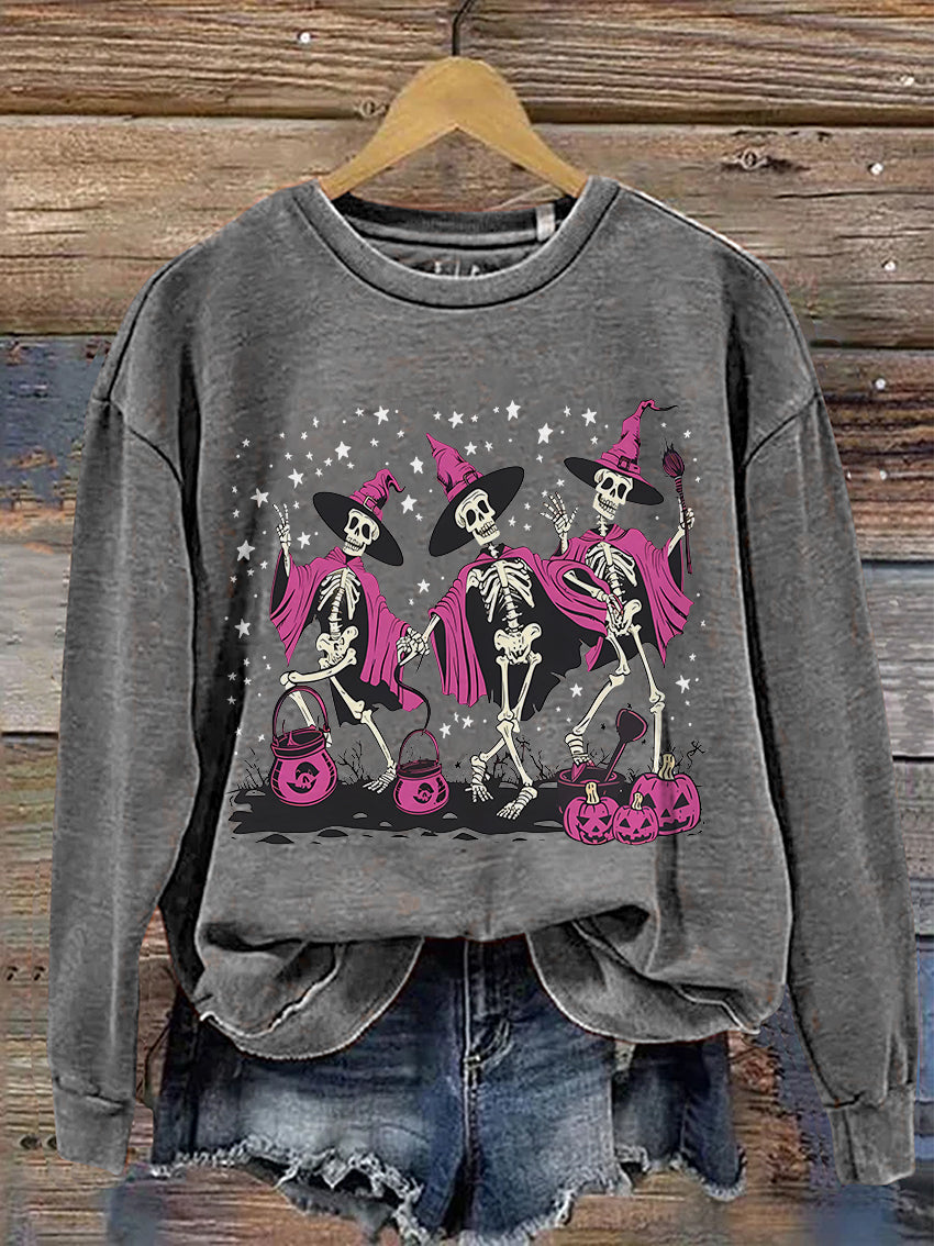 Halloween Dancing Skeleton Spooky Season Casual Print Sweatshirt