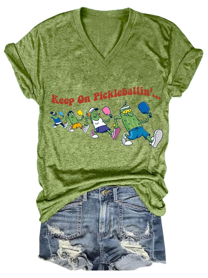 Women's pickleball enthusiasts "keep on pickleballin..." T-shirt