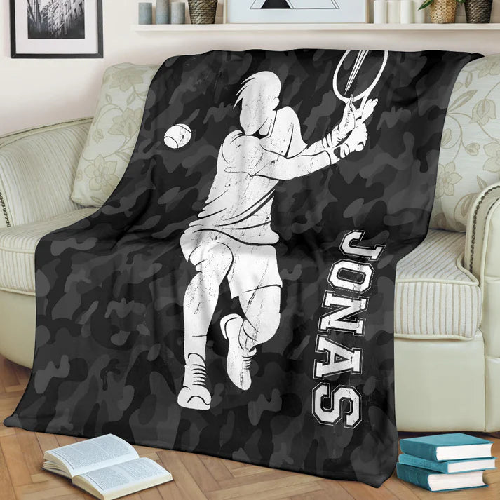 Personalized Tennis Blanket, Tennis Player For Him Sherpa Fleece Blanket, Custom Name Soft Cozy Plush Throw Blanket