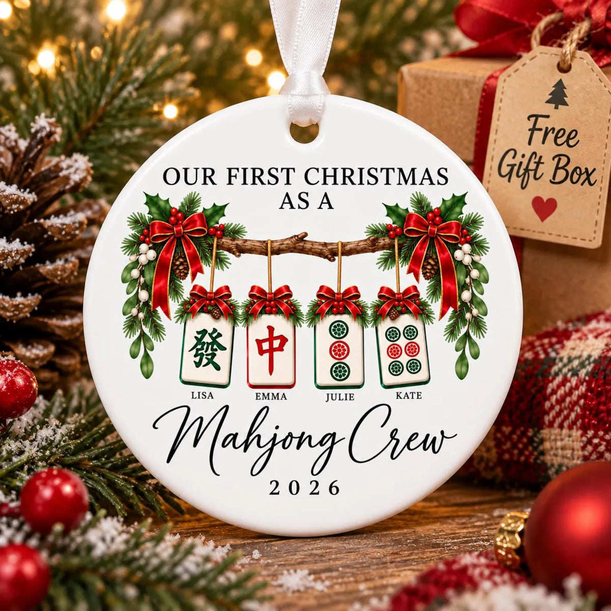 Personalized Mahjong Crew Ornament, Custom Friend Names Christmas Ornament 2026, Mahjong Club Gift, Girls Game Night Keepsake