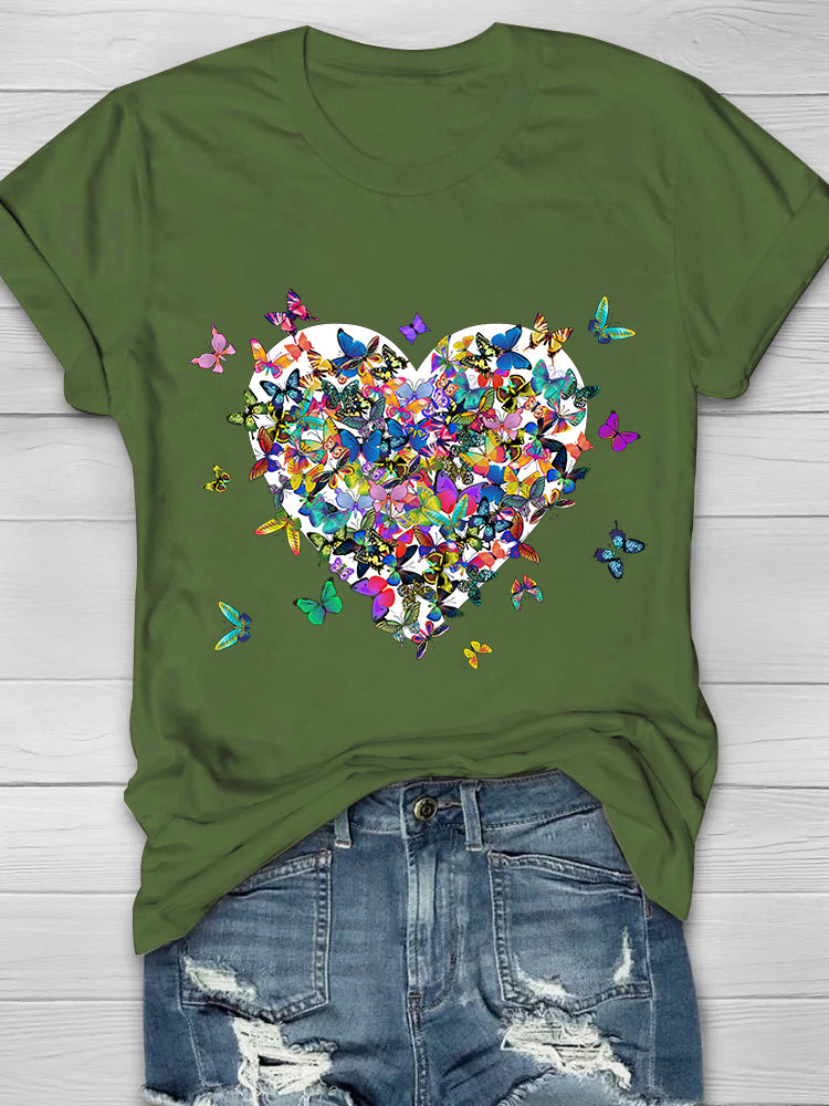 Colorful Butterflies Heart Printed Crew Neck Women's T-shirt