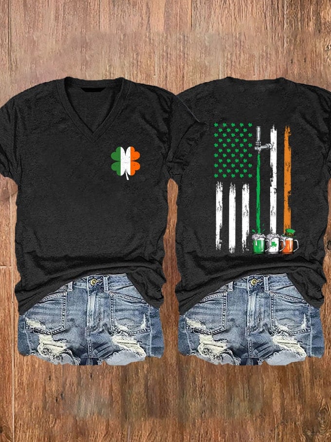 Women's St. Patrick's Shenanigans Flag Drinking Print V Neck T-Shirt