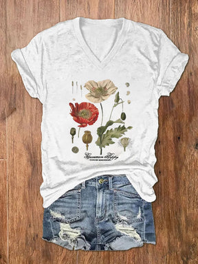 Women's Vintage Poppy Print V-Neck T-shirt