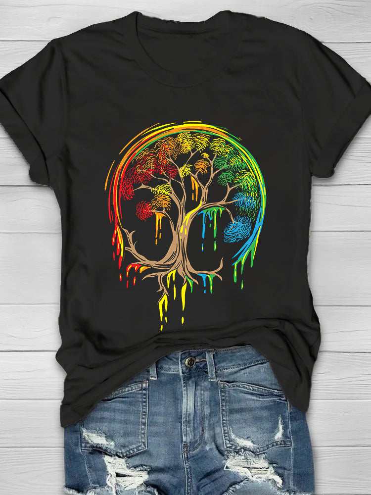 Colorful Tree Printed Crew Neck Women's T-shirt