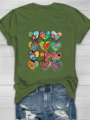 Colorful Heart Shape Printed Crew Neck Women's T-shirt