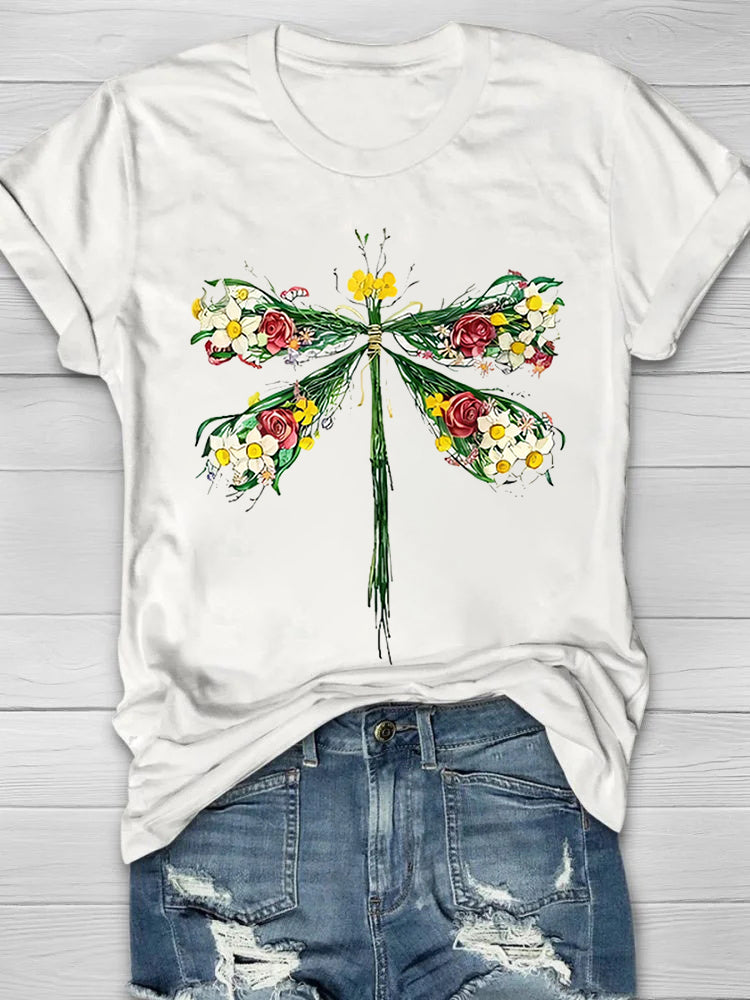 Dragonflies And Flowers Print Women's T-shirt