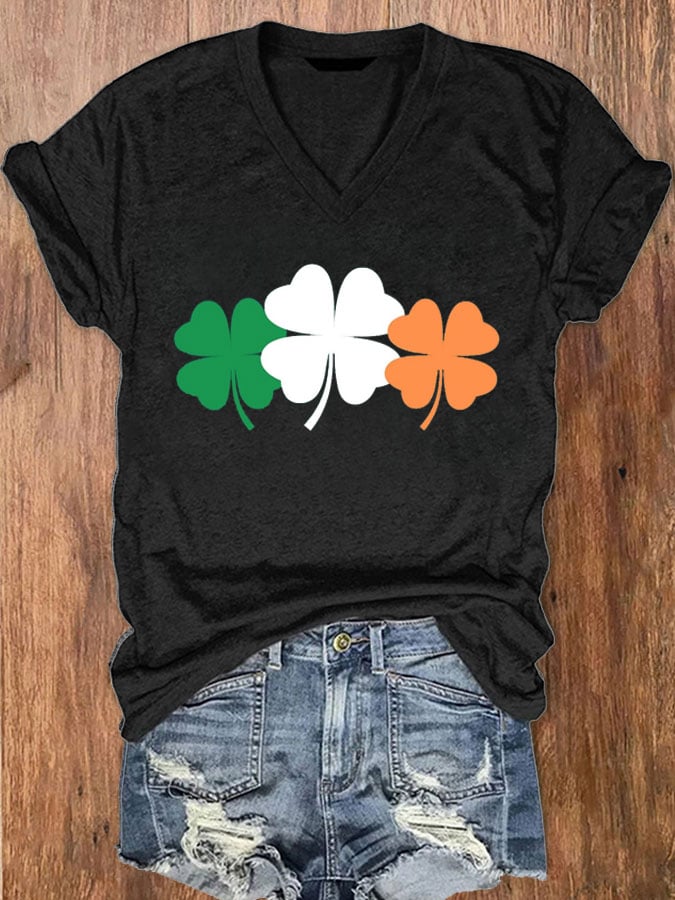Women's Shamrock Print V-Neck Short Sleeve T-Shirt