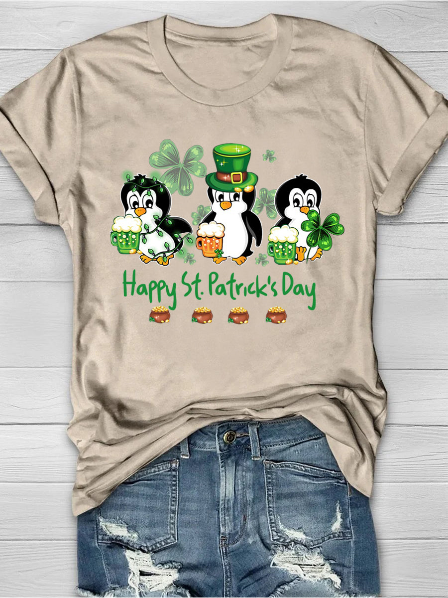 Penguin Drinking Team Happy St Patrick's Day Short Sleeve T-shirt