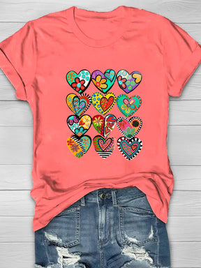 Colorful Heart Shape Printed Crew Neck Women's T-shirt