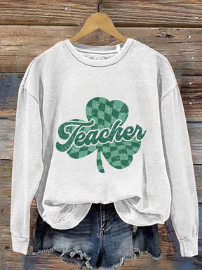 Teacher Checkered St. Patrick's Day Print Casual Sweatshirt