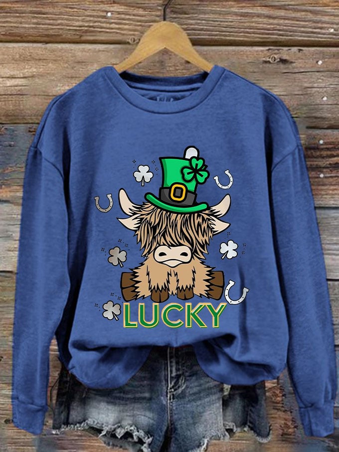 Eagerlys Women's St. Patricks Day Lucky Highland Cow Print Sweatshirt