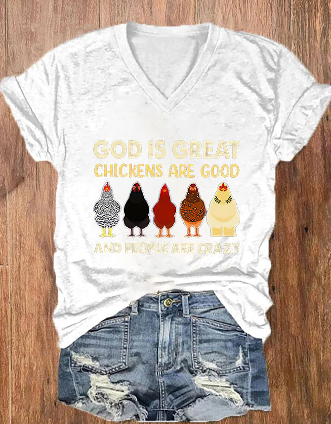 God Is Great Chickens Are Good Print Women's V-neck T-shirt
