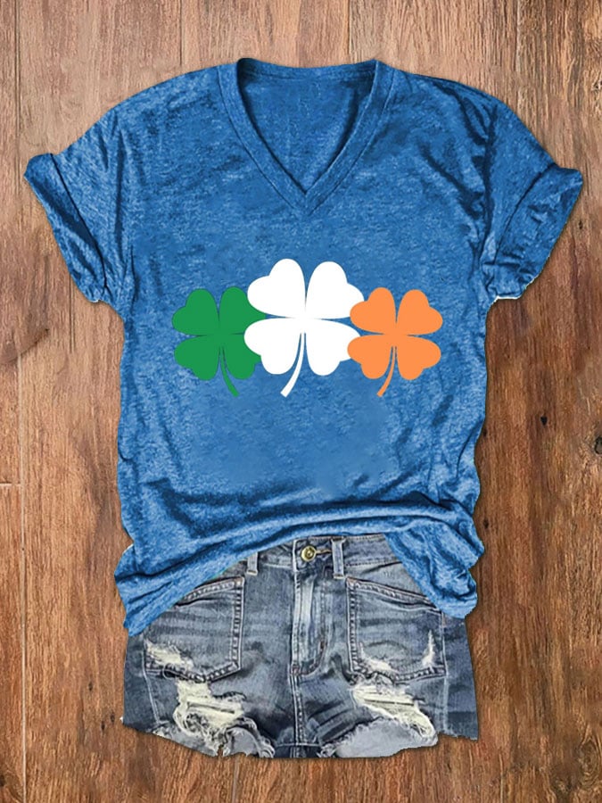 Women's Shamrock Print V-Neck Short Sleeve T-Shirt