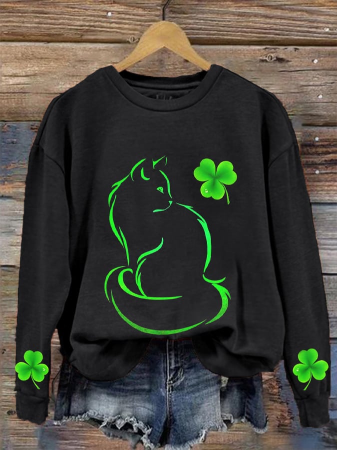 Women's St. Patrick's Day Shamrock Cat Casual Sweatshirt