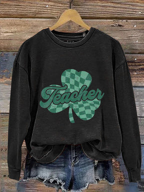 Teacher Checkered St. Patrick's Day Print Casual Sweatshirt