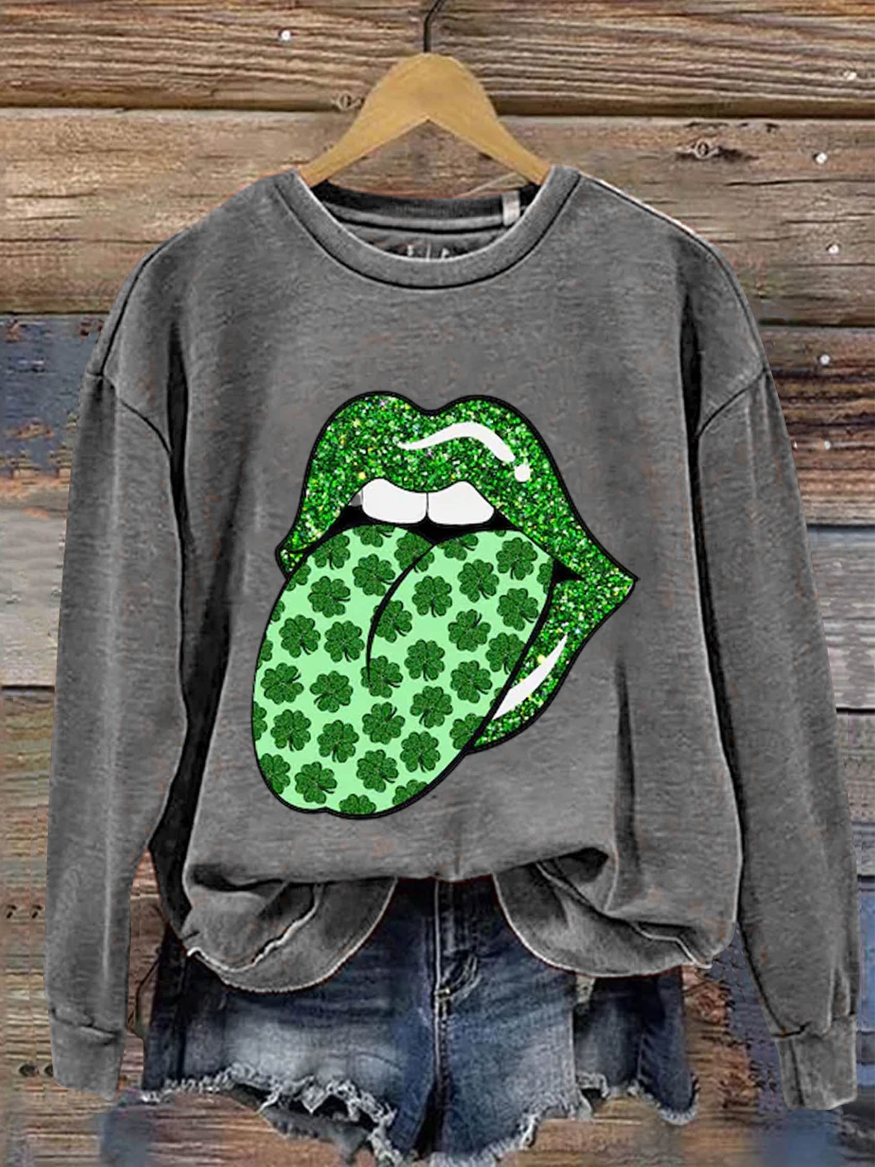 Shamrock Lips St. Patrick's Day Art Print Pattern Casual Sweatshirt