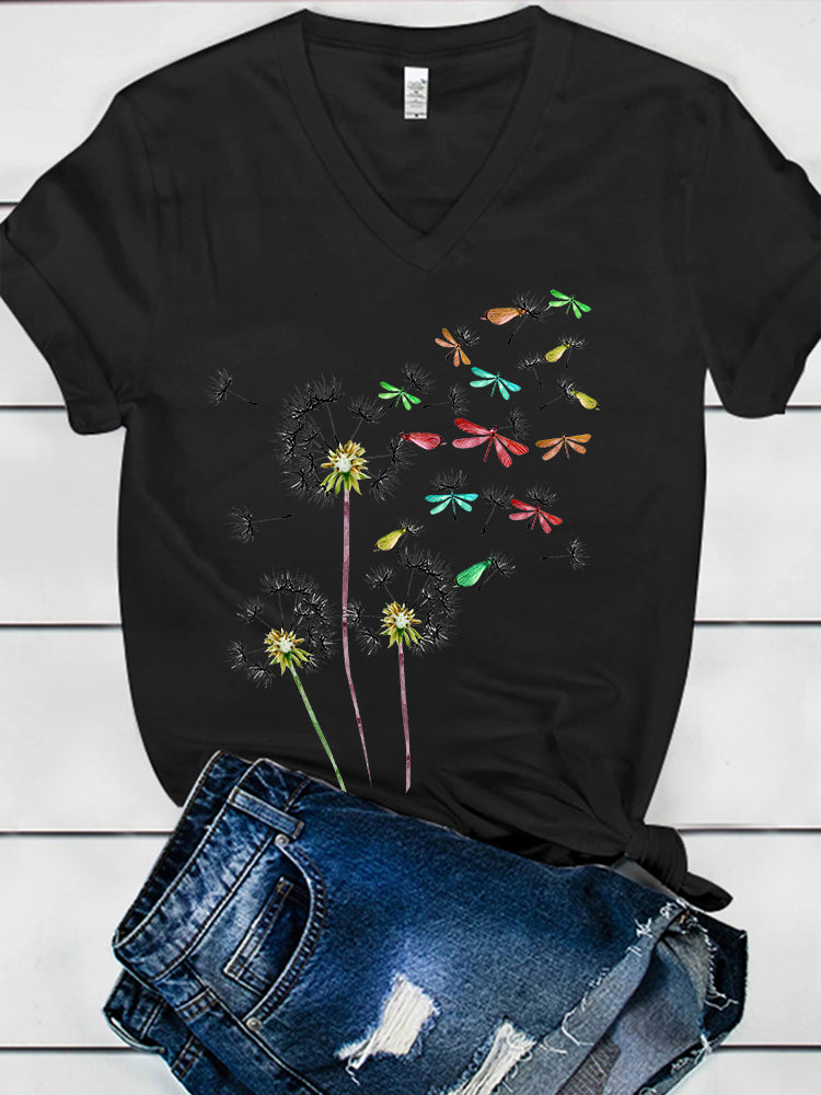 Colorful Dragonflies Dandelion Print Women's V-neck T-shirt