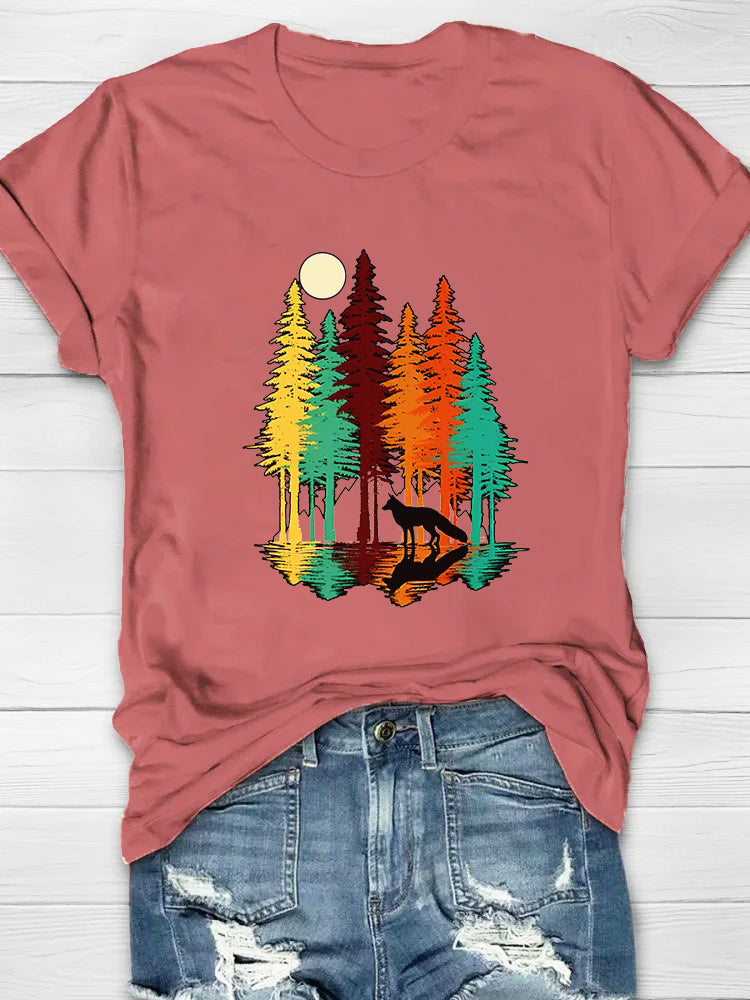 Sunset Forest Fox Printed Crew Neck Women's T-shirt