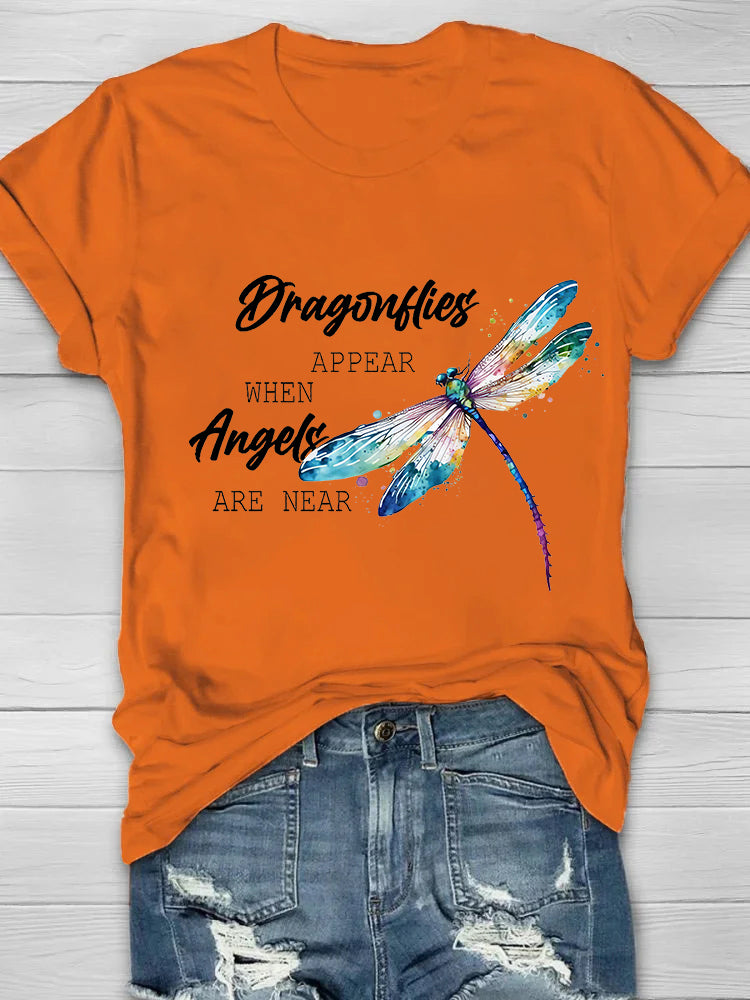 Dragonflies Appear When Angels Are Near Printed Women's Crew T-shirt