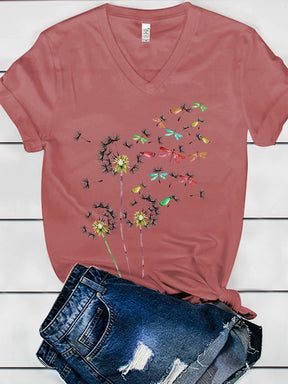 Colorful Dragonflies Dandelion Print Women's V-neck T-shirt