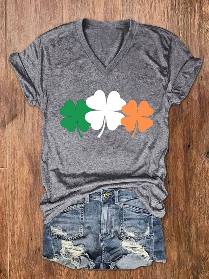 Women's Shamrock Print V-Neck Short Sleeve T-Shirt