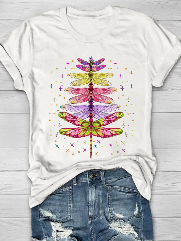 Colorful Dragonflies Printed Crew Neck Women's T-shirt